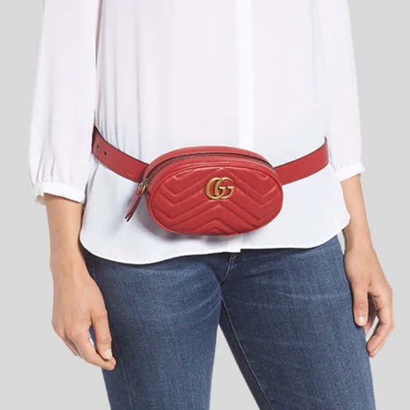💯% Auth Gucci MARMONT 2.0 WOMEN'S RED MATELASSE LEATHER BELT BAG 🌹❣️💋 85cm - Picture 3 of 7